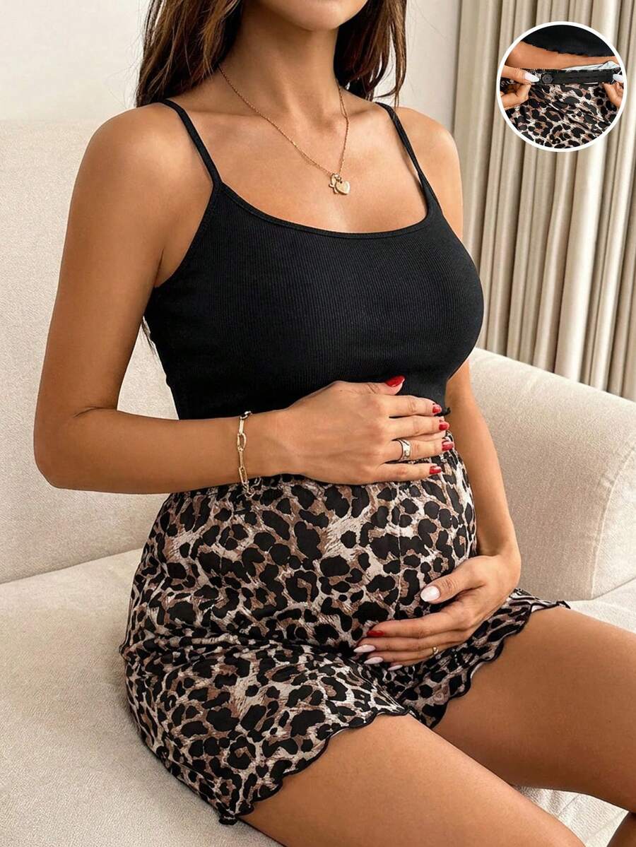 Maternity Summer 2-Piece Set Black Knit Camisole and Leopard Print Lettuce Trim Shorts Adjustable Waist Casual Pregnant Vacation Outfit