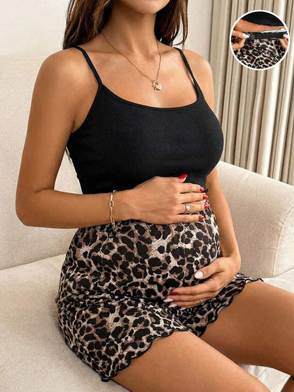 Maternity Summer 2-Piece Set Black Knit Camisole and Leopard Print Lettuce Trim Shorts Adjustable Waist Casual Pregnant Vacation Outfit