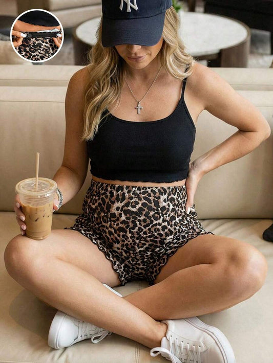 Maternity Summer 2-Piece Set Black Knit Camisole and Leopard Print Lettuce Trim Shorts Adjustable Waist Casual Pregnant Vacation Outfit