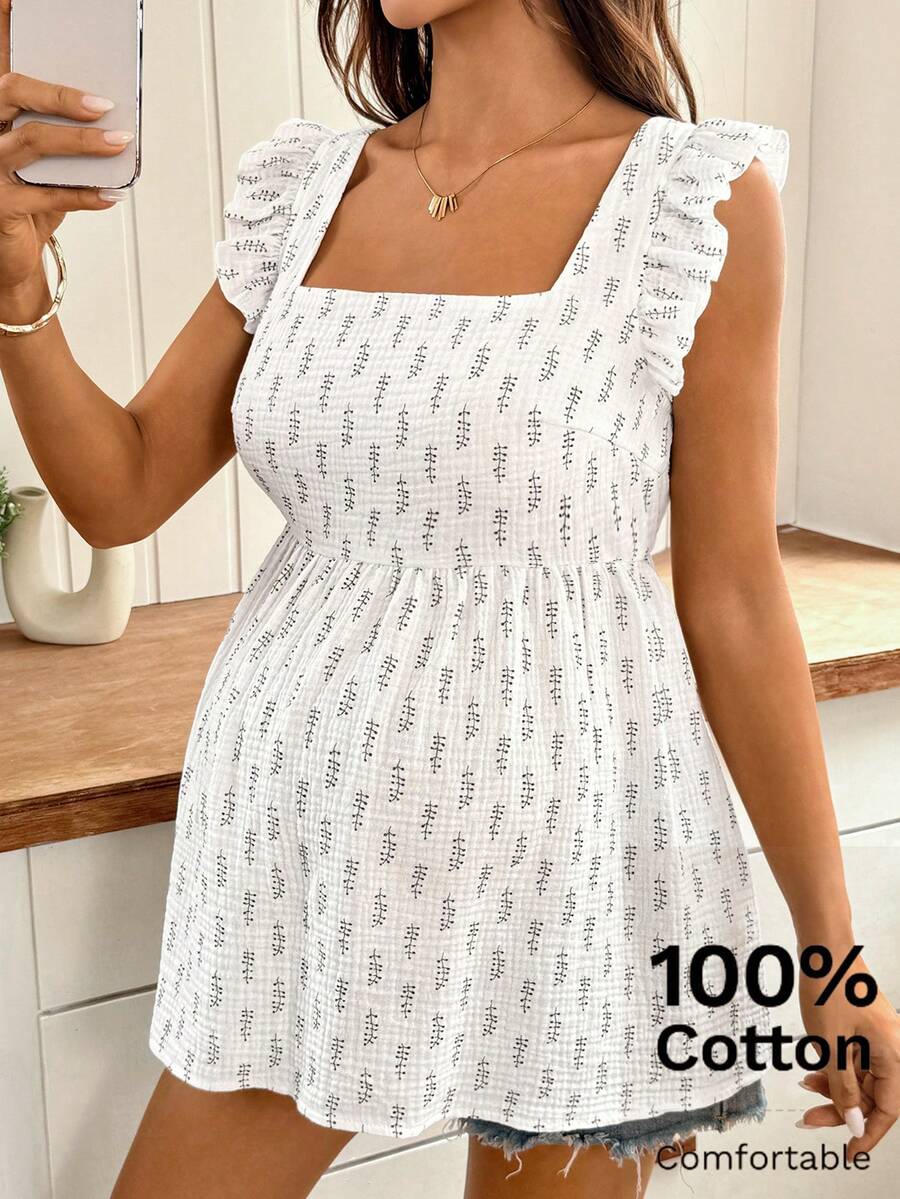 White Floral Print Maternity Peplum Top - Boho Sleeveless Straps Ruffle Hem Shirt - 100% Cotton Longline Summer Beach Top
