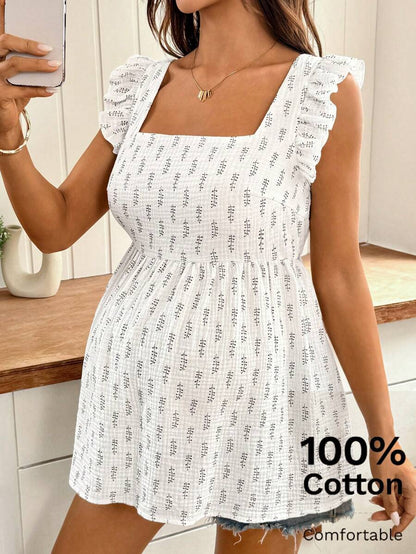 White Floral Print Maternity Peplum Top - Boho Sleeveless Straps Ruffle Hem Shirt - 100% Cotton Longline Summer Beach Top