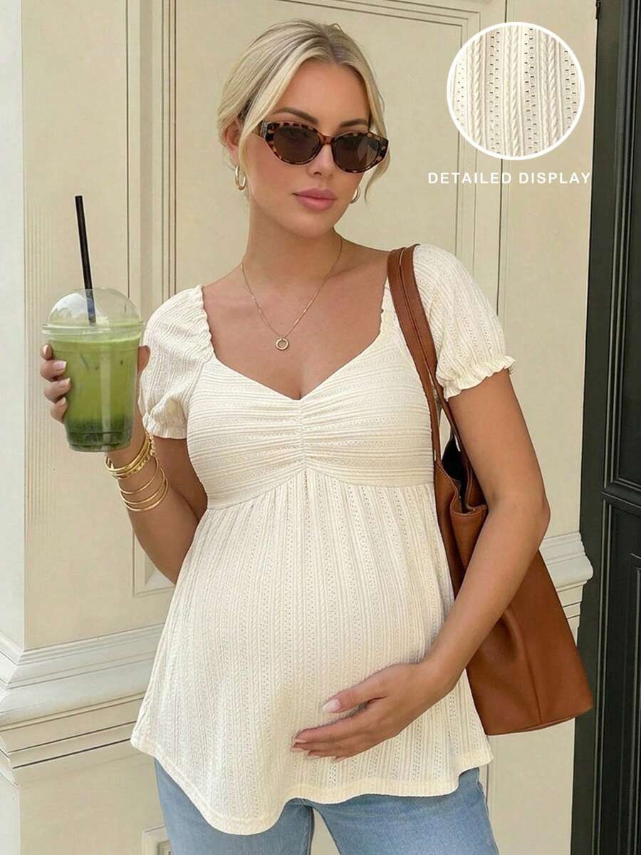 Apricot Sweetheart Neck Babydoll Maternity Top with Puff Petal Sleeves and Ruched Bust Flared Hem Casual Summer Vacation Crop Blouse