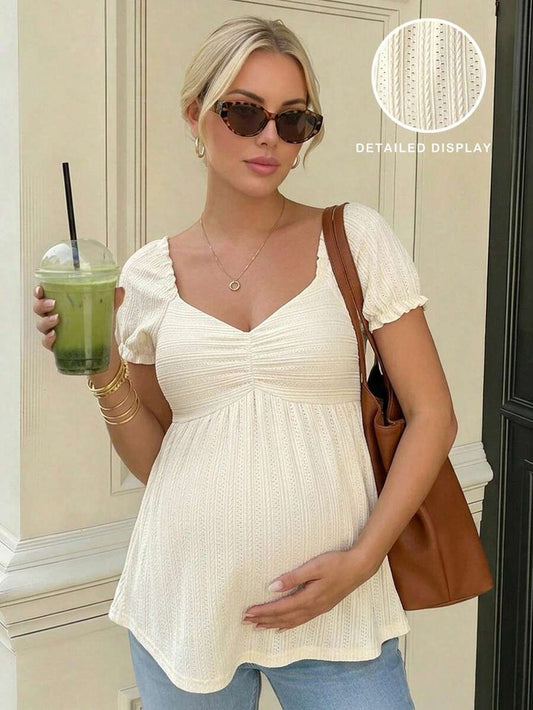 Apricot Sweetheart Neck Babydoll Maternity Top with Puff Petal Sleeves and Ruched Bust Flared Hem Casual Summer Vacation Crop Blouse