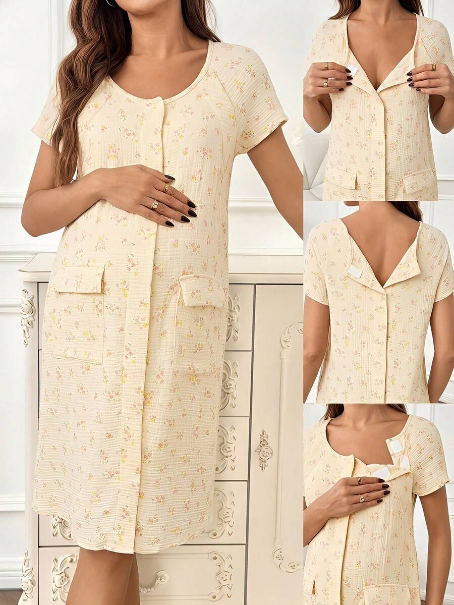 Multicolor Ditsy Floral Cotton Maternity Maxi Dress with Raglan Short Sleeves and Scoop Neck – Loose Fit Jacquard Woven Loungewear