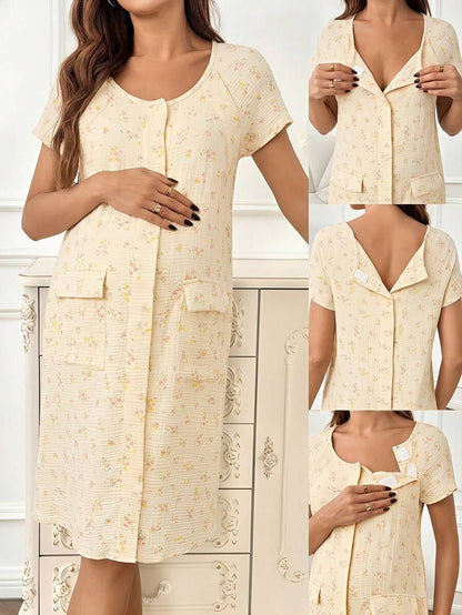 Multicolor Ditsy Floral Cotton Maternity Maxi Dress with Raglan Short Sleeves and Scoop Neck – Loose Fit Jacquard Woven Loungewear
