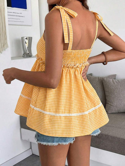 Yellow Plaid Maternity Camisole – Casual Sleeveless V-Neck Strappy Summer Tank Top with Flared Hem for Beach & Everyday Wear