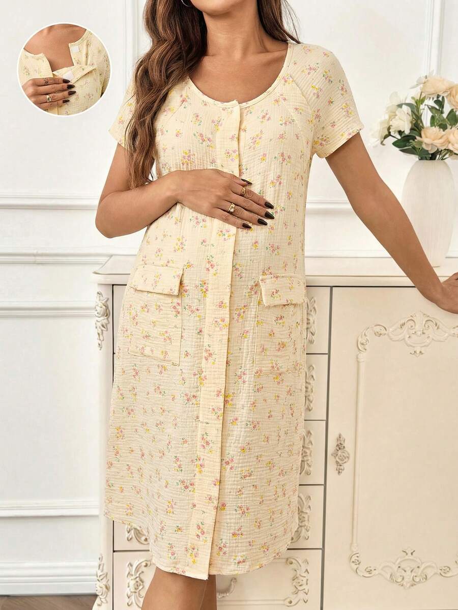 Multicolor Ditsy Floral Cotton Maternity Maxi Dress with Raglan Short Sleeves and Scoop Neck – Loose Fit Jacquard Woven Loungewear
