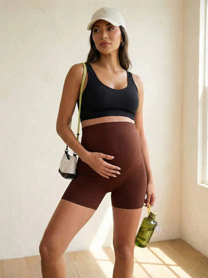 Baby Blue Ultra High Waist Maternity Sports Shorts - Animal Pattern High Stretch Skinny Fit Mini Shorts - Comfortable Double Waist Athletic Wear