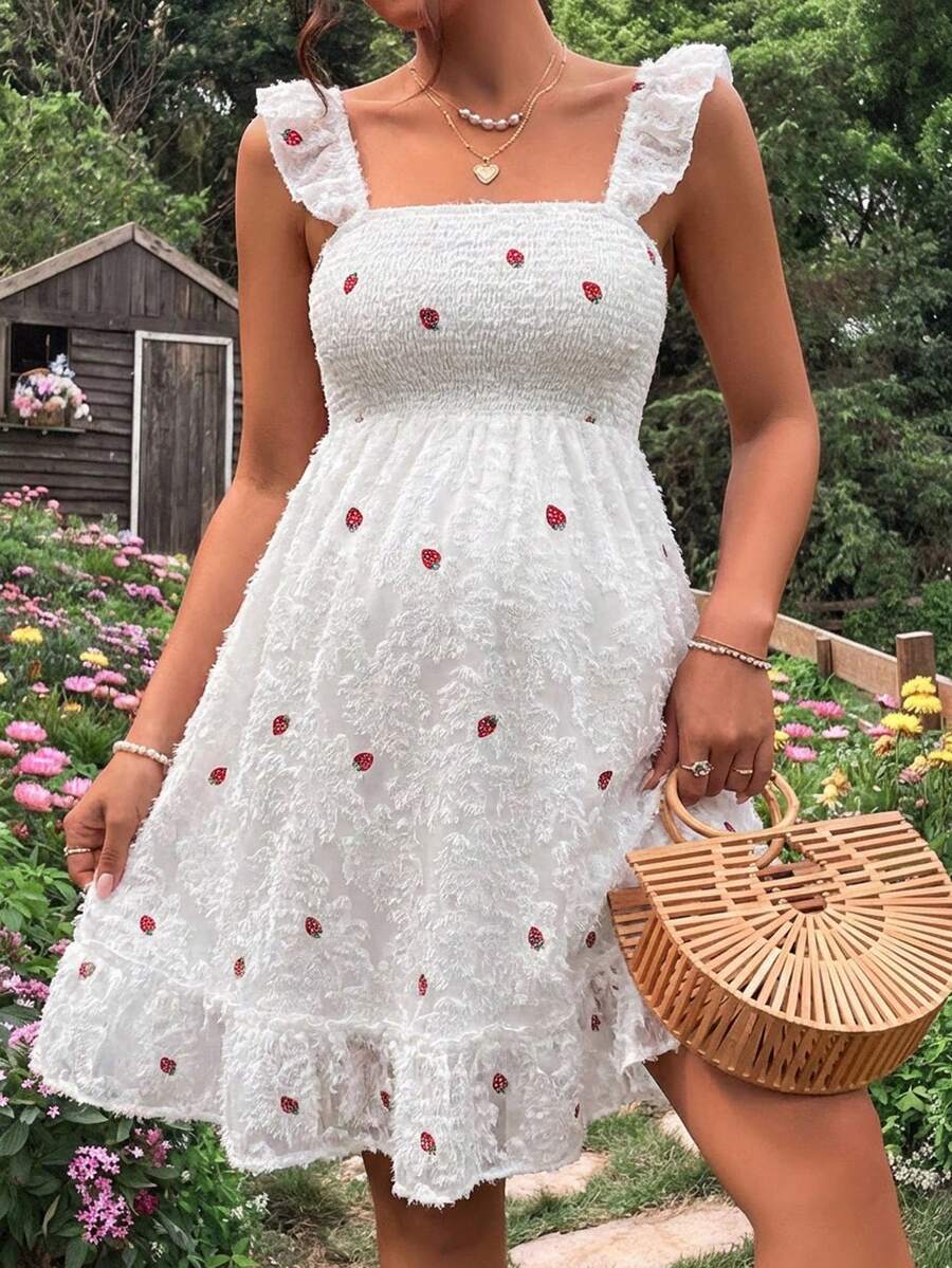 White Strawberry Embroidery Maternity Mini Dress with Spaghetti Straps Puff Sleeves and Ruffle Hem Boho High Waist A-Line Summer Sundress