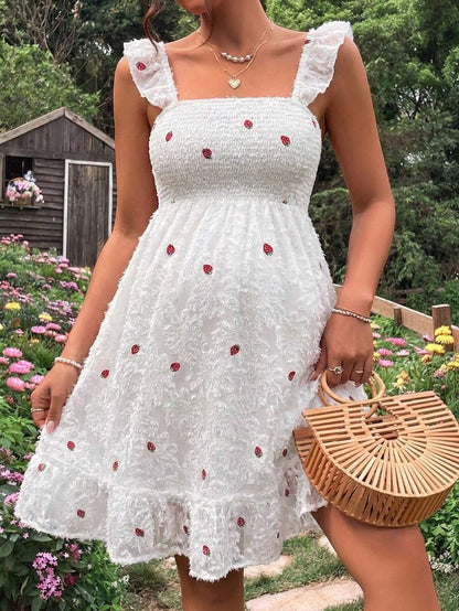 White Strawberry Embroidery Maternity Mini Dress with Spaghetti Straps Puff Sleeves and Ruffle Hem Boho High Waist A-Line Summer Sundress