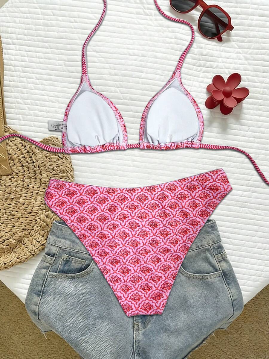 Swim Vcay Women's Summer New Contrast Color Striped Sexy Halter Triangle Cup Bikini Set