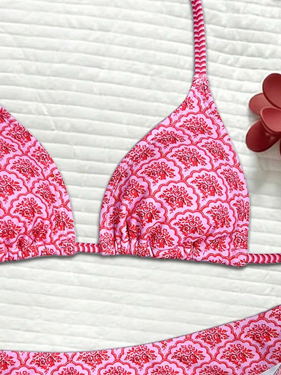 Swim Mod Women's Pink Polka Dot Print Halter Neck Low Waist Triangle Bikini Set, Summer Sexy Spring
