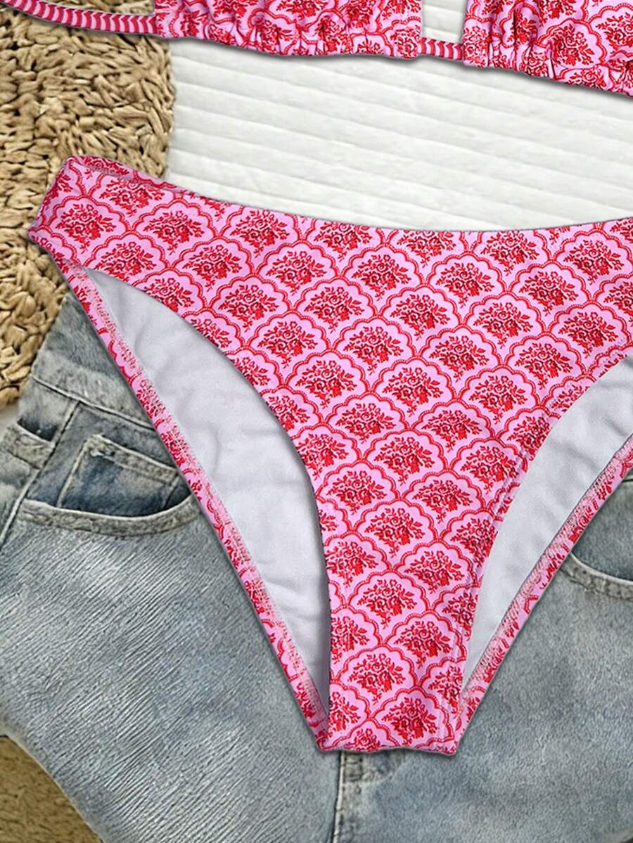 Swim Mod Women's Pink Polka Dot Print Halter Neck Low Waist Triangle Bikini Set, Summer Sexy Spring