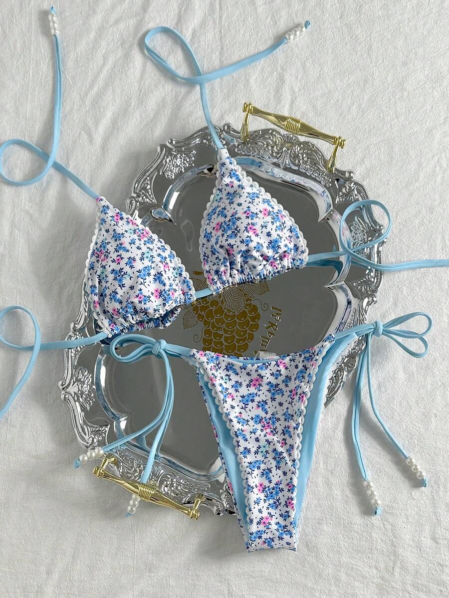 Swim Vcay Women's Summer Beach Contrast Color Halter Tie Sexy Bikini And Triangle Panty Swimwear Set Blue Bikini Yacht Party Outfit Vacation Bikini Boat Party Outfit Women Tie Side Bikini Triangle Bikini Set Light Blue Bikini