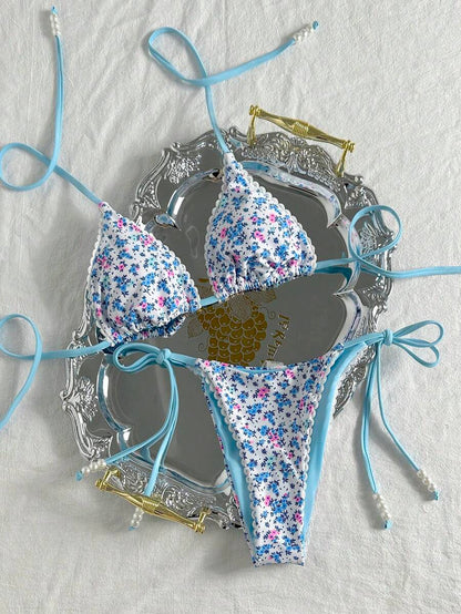 Swim Vcay Women's Summer Beach Contrast Color Halter Tie Sexy Bikini And Triangle Panty Swimwear Set Blue Bikini Yacht Party Outfit Vacation Bikini Boat Party Outfit Women Tie Side Bikini Triangle Bikini Set Light Blue Bikini