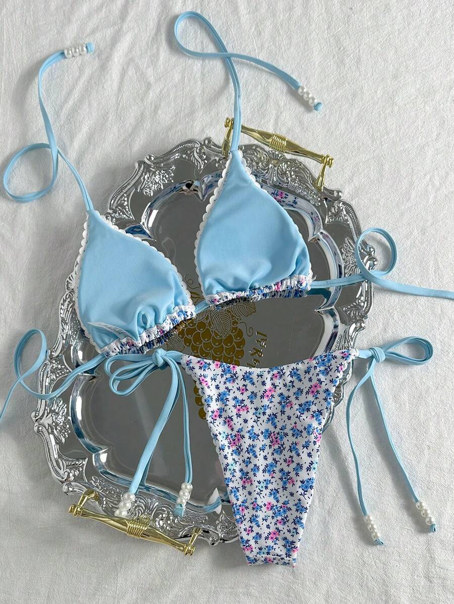 Swim Vcay Women's Summer Beach Contrast Color Halter Tie Sexy Bikini And Triangle Panty Swimwear Set Blue Bikini Yacht Party Outfit Vacation Bikini Boat Party Outfit Women Tie Side Bikini Triangle Bikini Set Light Blue Bikini
