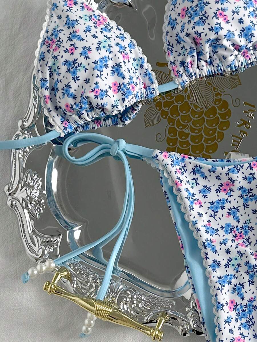 Swim Vcay Women's Summer Beach Contrast Color Halter Tie Sexy Bikini And Triangle Panty Swimwear Set Blue Bikini Yacht Party Outfit Vacation Bikini Boat Party Outfit Women Tie Side Bikini Triangle Bikini Set Light Blue Bikini