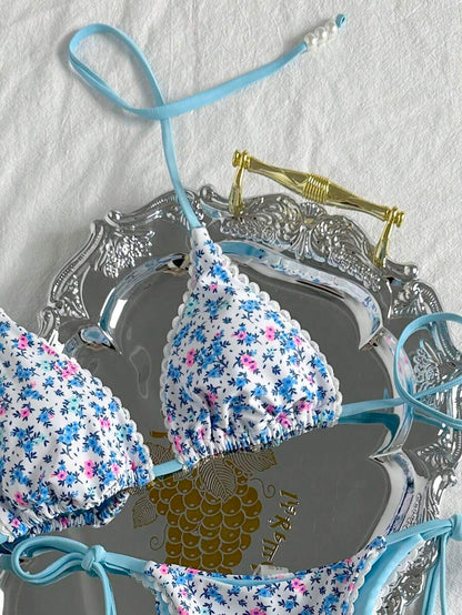 Swim Vcay Women's Summer Beach Contrast Color Halter Tie Sexy Bikini And Triangle Panty Swimwear Set Blue Bikini Yacht Party Outfit Vacation Bikini Boat Party Outfit Women Tie Side Bikini Triangle Bikini Set Light Blue Bikini