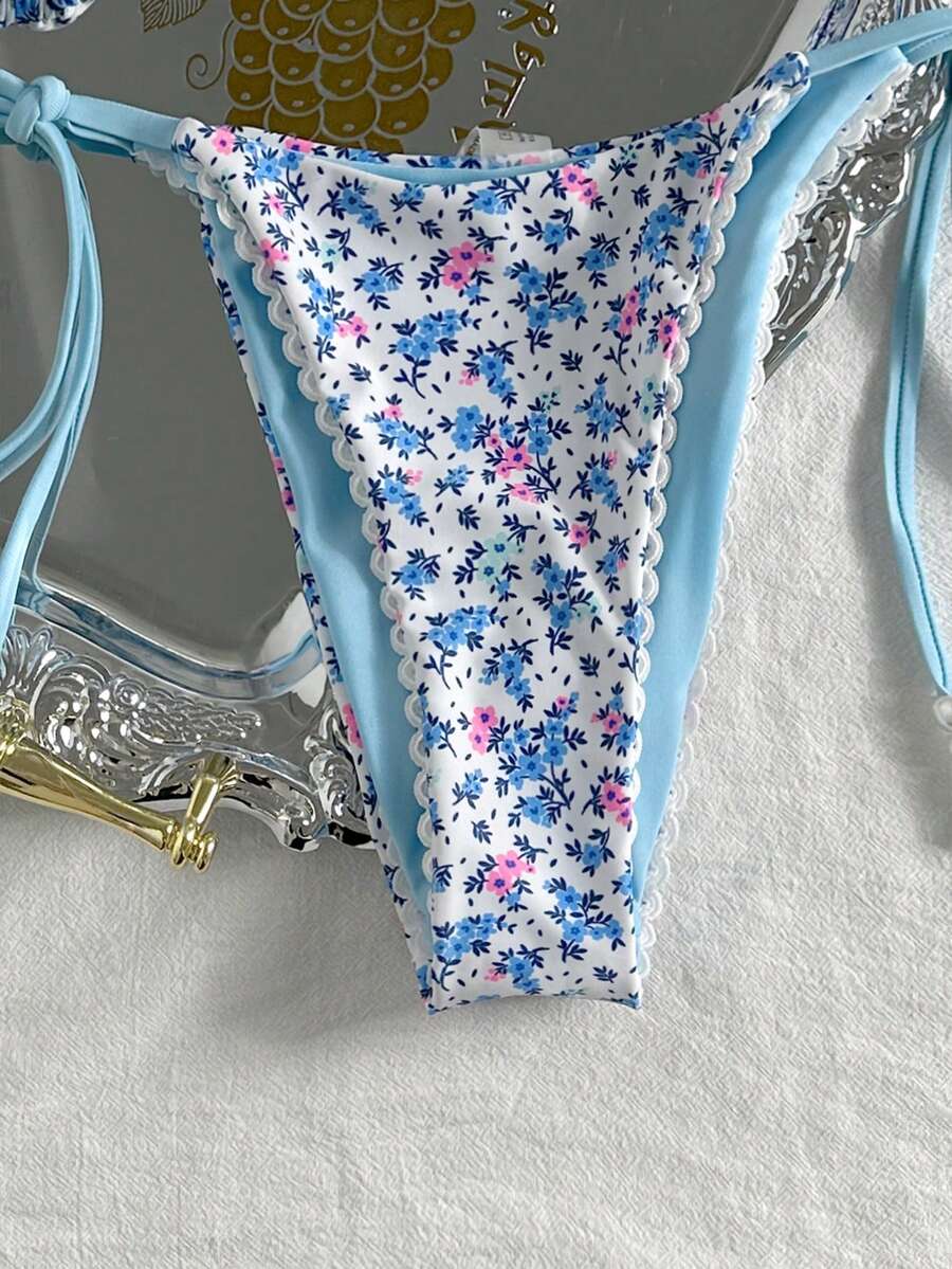 Swim Vcay Women's Summer Beach Contrast Color Halter Tie Sexy Bikini And Triangle Panty Swimwear Set Blue Bikini Yacht Party Outfit Vacation Bikini Boat Party Outfit Women Tie Side Bikini Triangle Bikini Set Light Blue Bikini