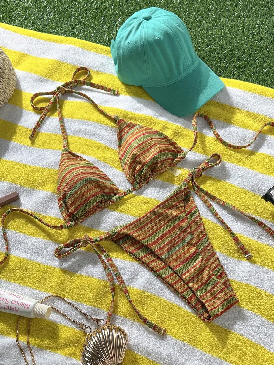 Swim Vcay Women's Summer Beach Contrast Color Halter Tie Sexy Bikini And Triangle Panty Swimwear Set Blue Bikini Yacht Party Outfit Vacation Bikini Boat Party Outfit Women Tie Side Bikini Triangle Bikini Set Light Blue Bikini