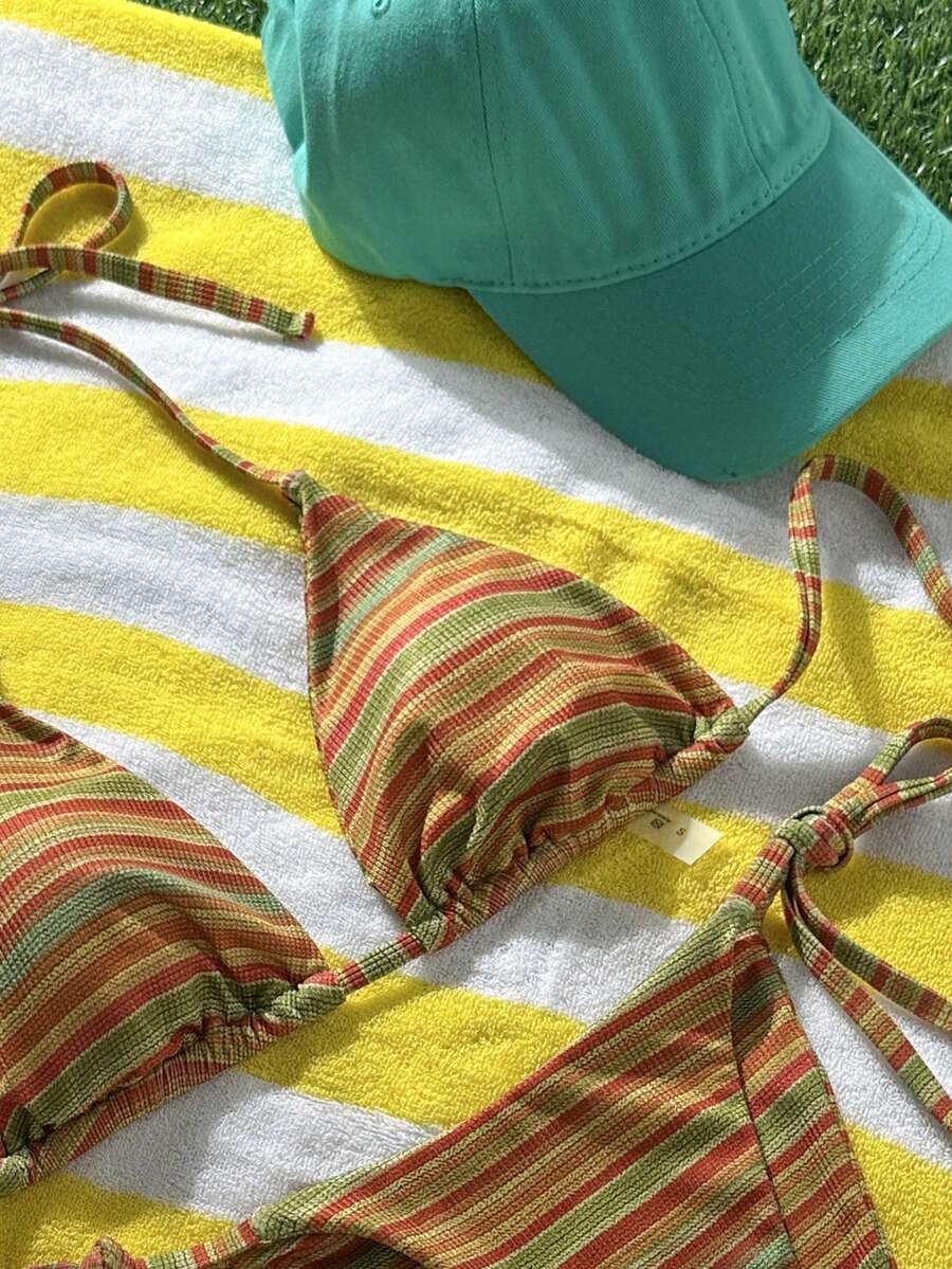 Swim Vcay Women's Summer Beach Contrast Color Halter Tie Sexy Bikini And Triangle Panty Swimwear Set Blue Bikini Yacht Party Outfit Vacation Bikini Boat Party Outfit Women Tie Side Bikini Triangle Bikini Set Light Blue Bikini
