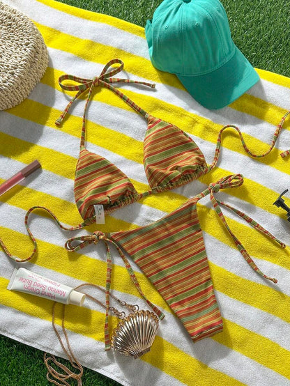 Swim Vcay Women's Summer Beach Contrast Color Halter Tie Sexy Bikini And Triangle Panty Swimwear Set Blue Bikini Yacht Party Outfit Vacation Bikini Boat Party Outfit Women Tie Side Bikini Triangle Bikini Set Light Blue Bikini