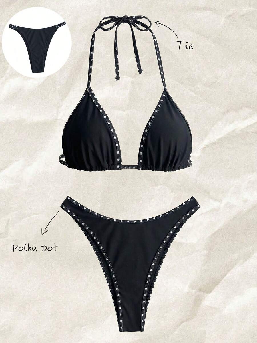 Swim Vcay Women's Swimwear Set, Fashionable Polka Dot Print Trim, Backless, Spaghetti Straps, Tie Waist, Triangle Swim Bottoms, Beach, Casual