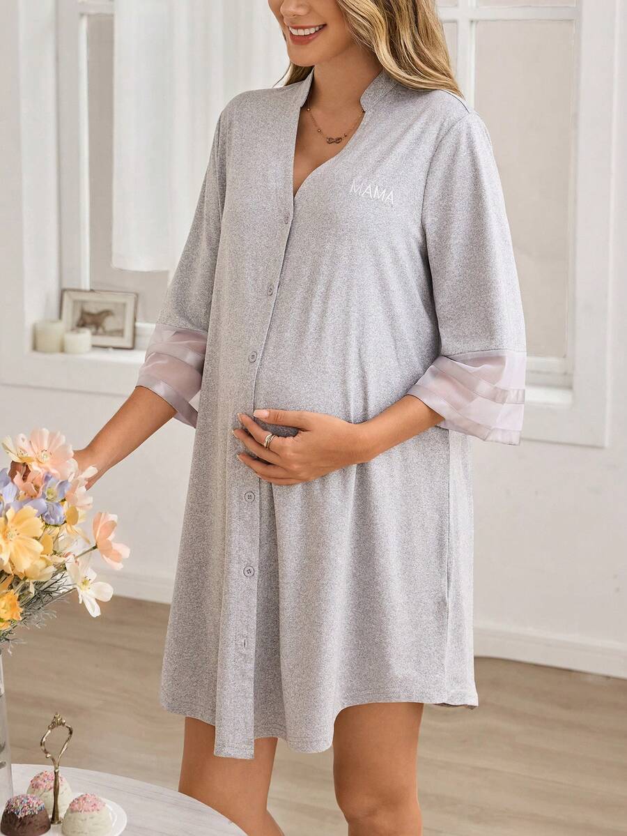 Maternity Dress - Chiffon Patchwork Half Sleeve Loose Fit Notched Neck Casual, Pregnancy Loungewear