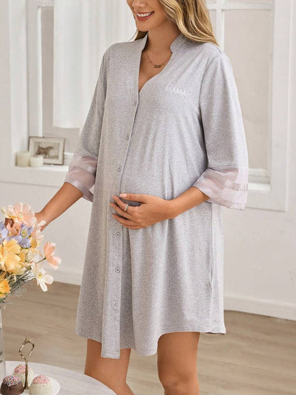 Maternity Dress - Chiffon Patchwork Half Sleeve Loose Fit Notched Neck Casual, Pregnancy Loungewear