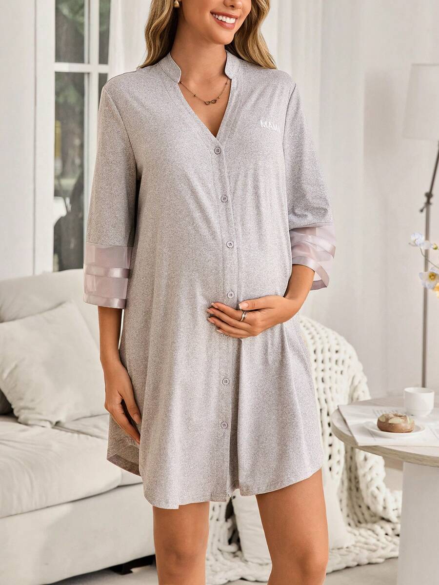 Maternity Dress - Chiffon Patchwork Half Sleeve Loose Fit Notched Neck Casual, Pregnancy Loungewear