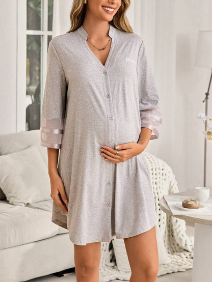 Maternity Dress - Chiffon Patchwork Half Sleeve Loose Fit Notched Neck Casual, Pregnancy Loungewear