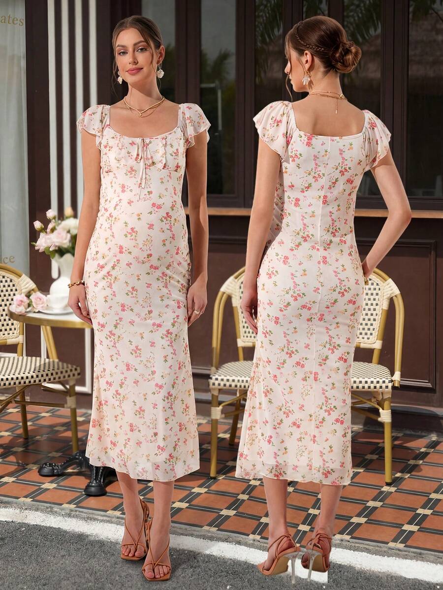 Maternity Fitted Midi Dress - Square Neck, Cap Flounce Sleeve, Bow Tie, Mermaid Hem, Apricot