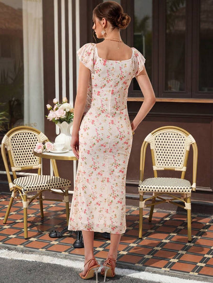 Maternity Fitted Midi Dress - Square Neck, Cap Flounce Sleeve, Bow Tie, Mermaid Hem, Apricot