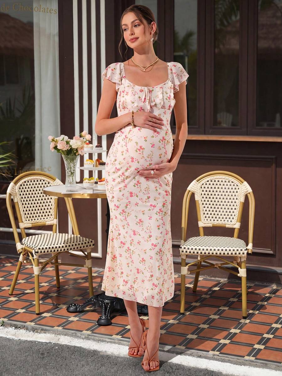 Maternity Fitted Midi Dress - Square Neck, Cap Flounce Sleeve, Bow Tie, Mermaid Hem, Apricot