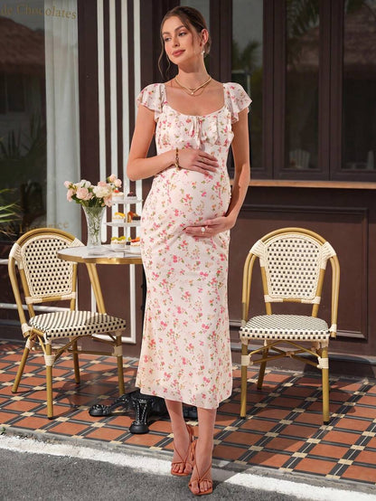 Maternity Fitted Midi Dress - Square Neck, Cap Flounce Sleeve, Bow Tie, Mermaid Hem, Apricot