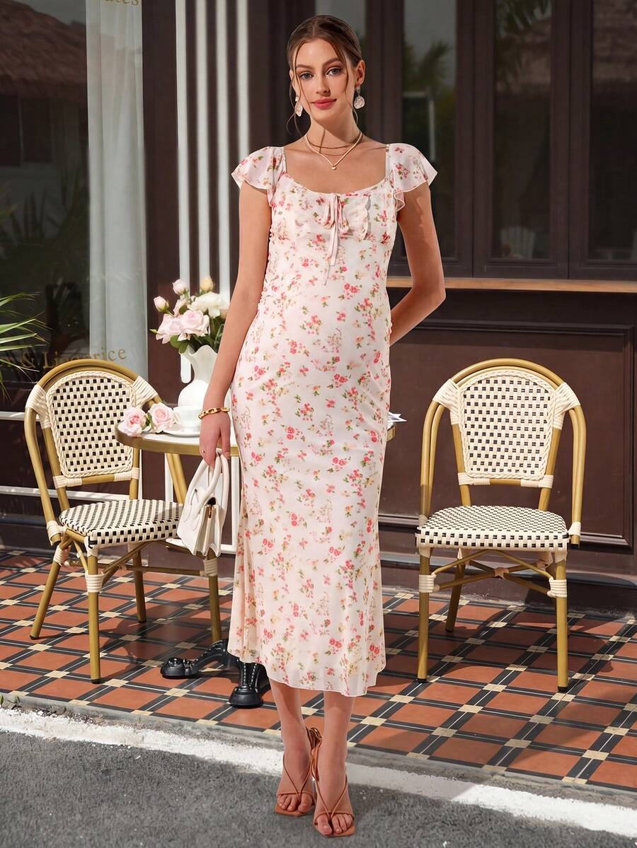 Maternity Fitted Midi Dress - Square Neck, Cap Flounce Sleeve, Bow Tie, Mermaid Hem, Apricot