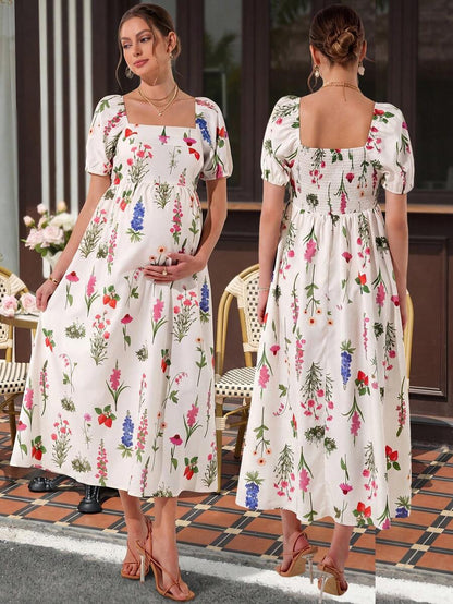 Maternity Floral A-Line Maxi Dress - Square Neck, Lantern Puff Sleeve, Shirred, Slim Fit, Multicolor