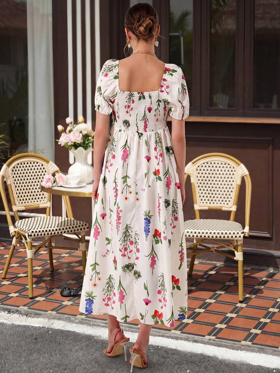 Maternity Floral A-Line Maxi Dress - Square Neck, Lantern Puff Sleeve, Shirred, Slim Fit, Multicolor