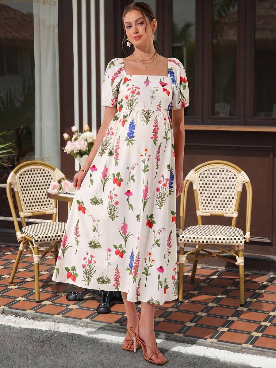 Maternity Floral A-Line Maxi Dress - Square Neck, Lantern Puff Sleeve, Shirred, Slim Fit, Multicolor