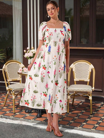 Maternity Floral A-Line Maxi Dress - Square Neck, Lantern Puff Sleeve, Shirred, Slim Fit, Multicolor