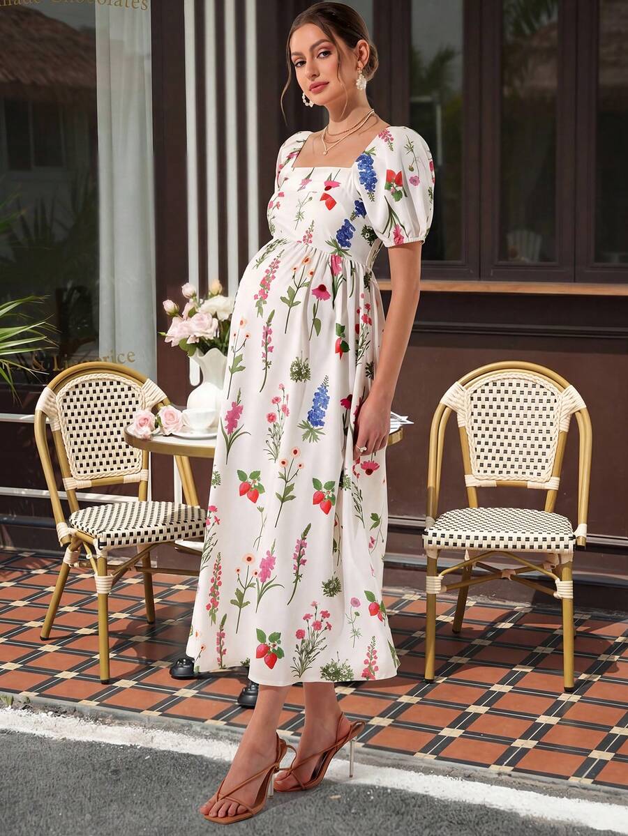 Maternity Floral A-Line Maxi Dress - Square Neck, Lantern Puff Sleeve, Shirred, Slim Fit, Multicolor