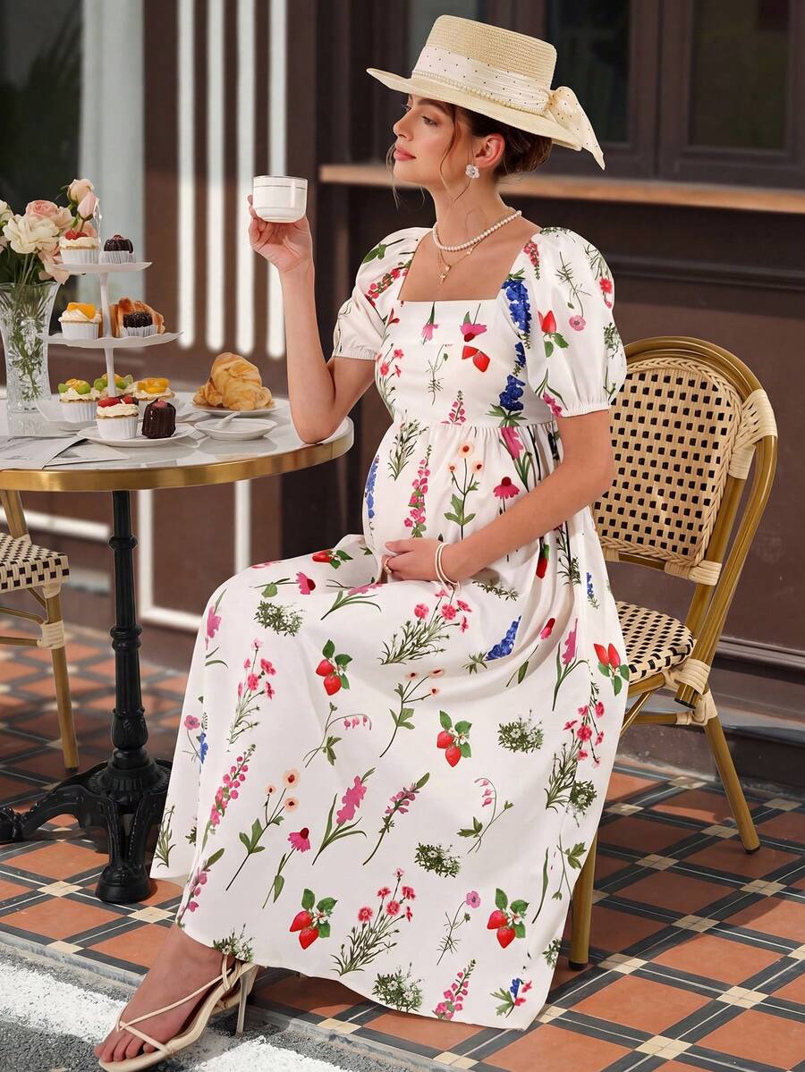Maternity Floral A-Line Maxi Dress - Square Neck, Lantern Puff Sleeve, Shirred, Slim Fit, Multicolor