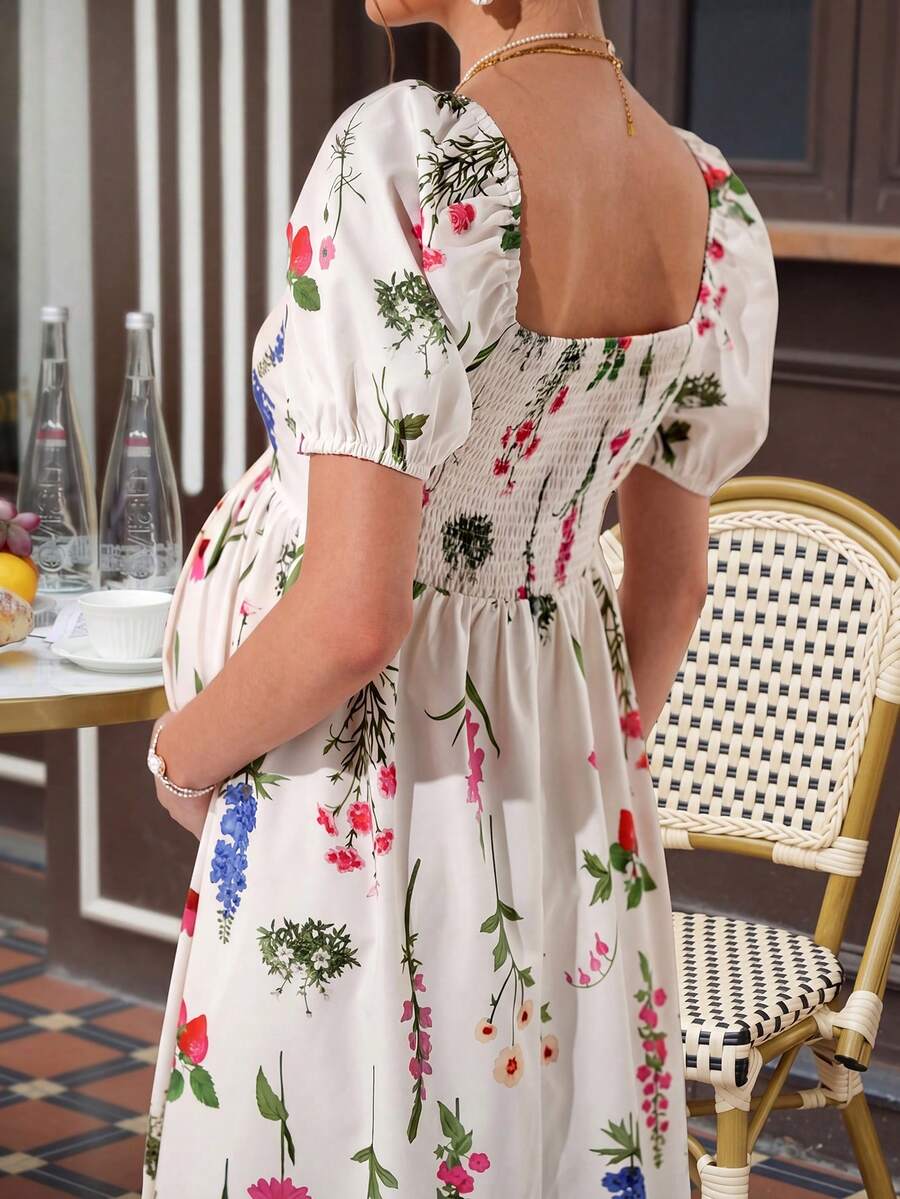 Maternity Floral A-Line Maxi Dress - Square Neck, Lantern Puff Sleeve, Shirred, Slim Fit, Multicolor