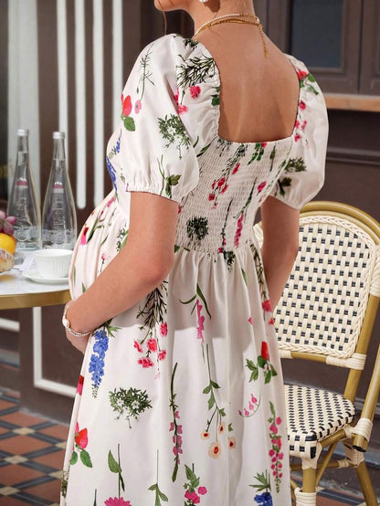 Maternity Floral A-Line Maxi Dress - Square Neck, Lantern Puff Sleeve, Shirred, Slim Fit, Multicolor