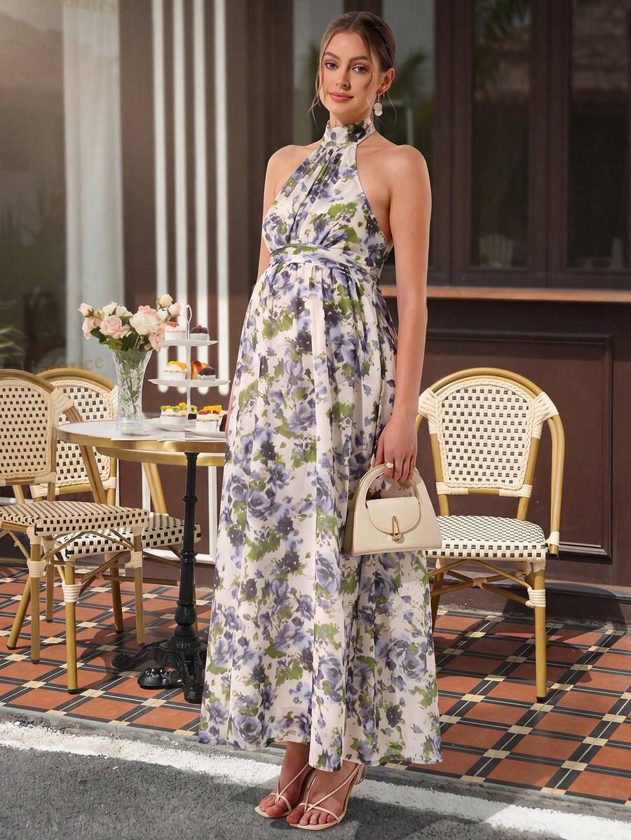 Maternity Halter A-Line Maxi Dress - Halter Neck, Backless, Pleated, Chiffon, Violet Purple
