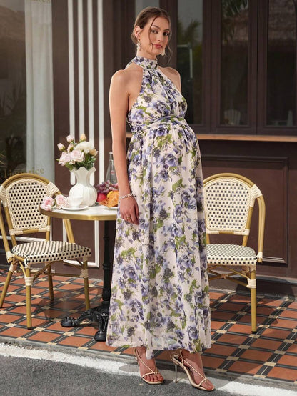 Maternity Halter A-Line Maxi Dress - Halter Neck, Backless, Pleated, Chiffon, Violet Purple