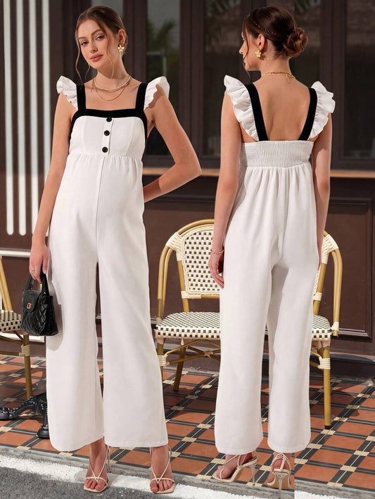 Maternity Elegant Jumpsuit - Square Neck, Cap Sleeve, Shirred, Loose Fit, Black and White