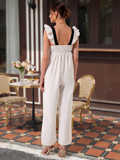 Maternity Elegant Jumpsuit - Square Neck, Cap Sleeve, Shirred, Loose Fit, Black and White