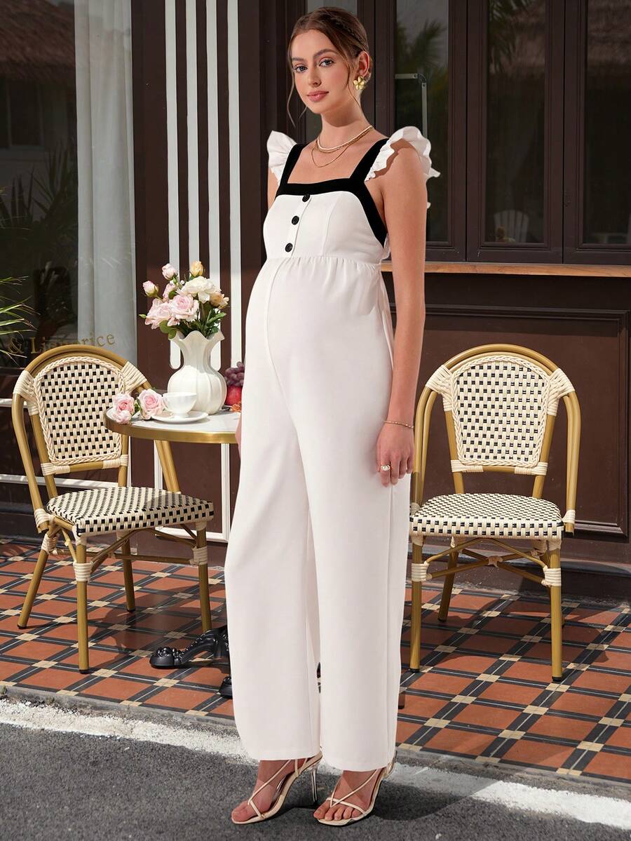 Maternity Elegant Jumpsuit - Square Neck, Cap Sleeve, Shirred, Loose Fit, Black and White