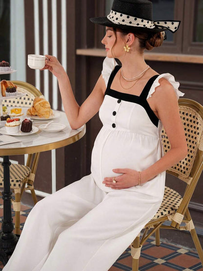 Maternity Elegant Jumpsuit - Square Neck, Cap Sleeve, Shirred, Loose Fit, Black and White